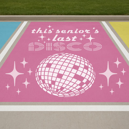 Pink sign with 'this senior's last DISCO' text and disco ball graphic on parking lot