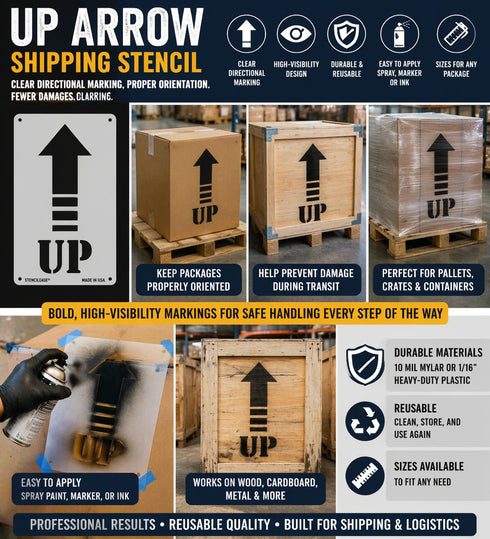 Promotional image of an 'UP ARROW' shipping stencil with packaging examples and application instructions.