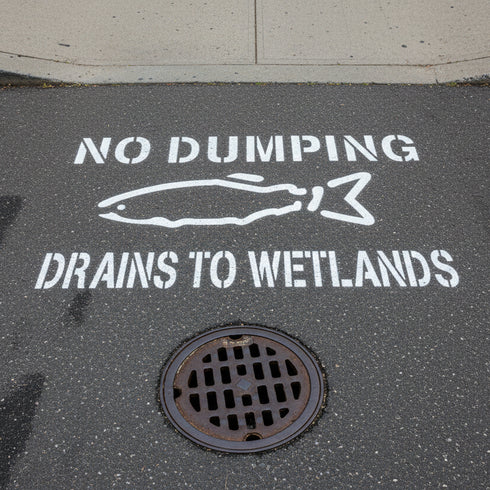 No dumping sign with a fish icon and text on a white background