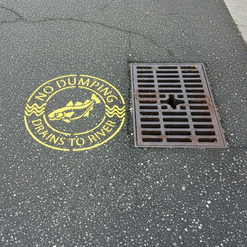 Circular logo with a fish illustration and 'No Dumping Drains to River' text applied in yellow onto pavement.