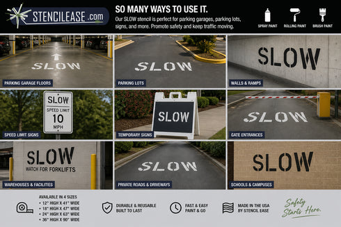 Promotional image for StencilEase.com showing various uses of their 'SLOW' signs.