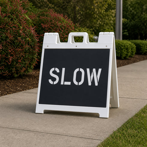 Slow Stencil that was used to make a temporary sign and placed on a sidewalk.