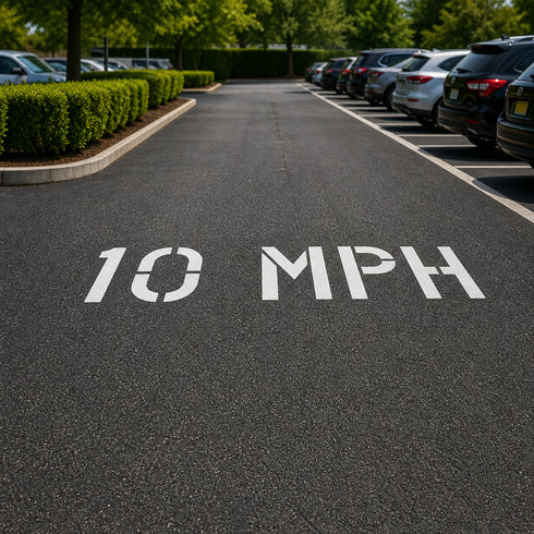 10 MPH speed limit sign on a road with parked cars in the background