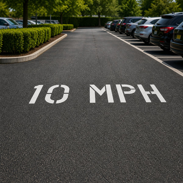 10 MPH speed limit sign on a road with parked cars in the background