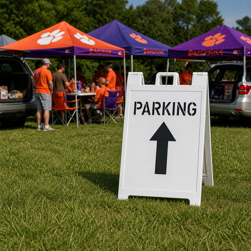 Parking Stencil with an arrow that has been stenciled onto an a-frame sign for tailgate parking