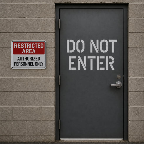 Door with 'Do Not Enter' sign and nearby 'Restricted Area' sign on a brick wall.