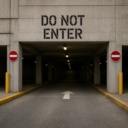 Concrete entrance with 'Do Not Enter' sign and arrow on pavement