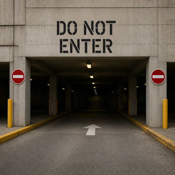 Concrete entrance with 'Do Not Enter' sign and arrow on pavement