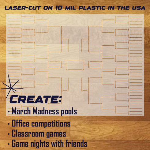 March Madness bracket on 10 mil plastic with text about uses on a wooden background
