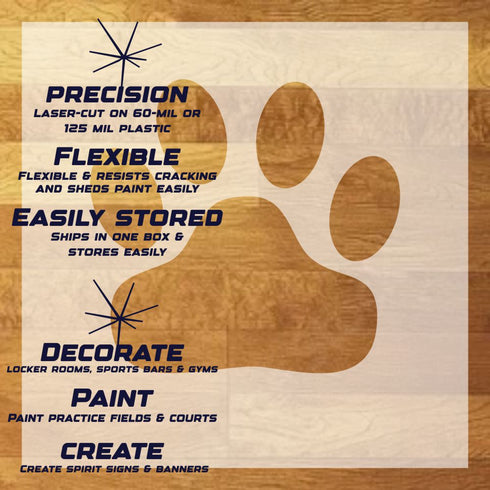 Wild Cat Paw Print Stencil Sheet with key highlights of the design and how it can be used.