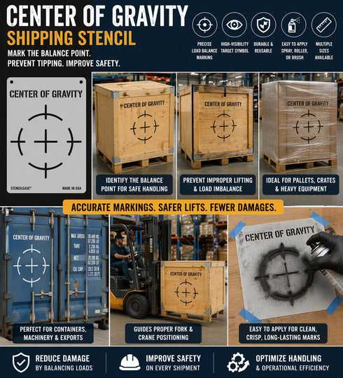 Promotional image for a 'Center of Gravity' shipping stencil with various applications and benefits.