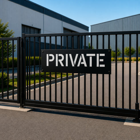 Private sign stencil applied to the front of a gate to signal private property