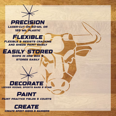 Bull Head Mascot Stencil Sheet with key highlights of the design and how it can be used.