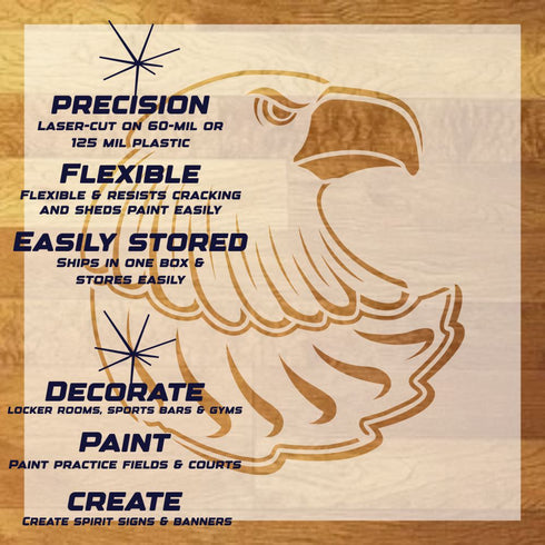 Eagle Head Stencil Sheet with key highlights of the design and how it can be used.