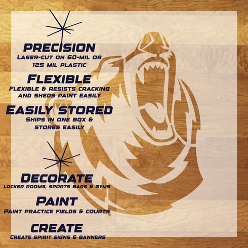 Roaring Bear Stencil Sheet with key highlights of the design and how it can be used.