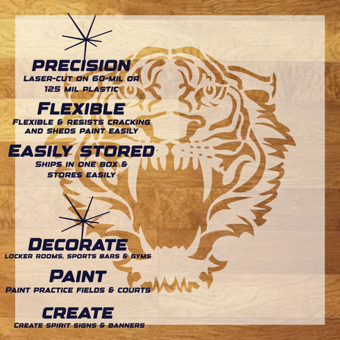 Tiger Head Face Forward Stencil Sheet with key highlights of the design and how it can be used.