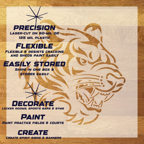 Tiger Head Profile Stencil Sheet with key highlights of the design and how it can be used.