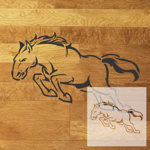 Leaping Bronco design mockup with inset of the stencil sheet
