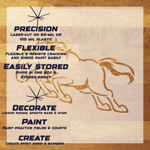 Leaping Bronco Mascot Stencil Sheet with key highlights of the design and how it can be used.