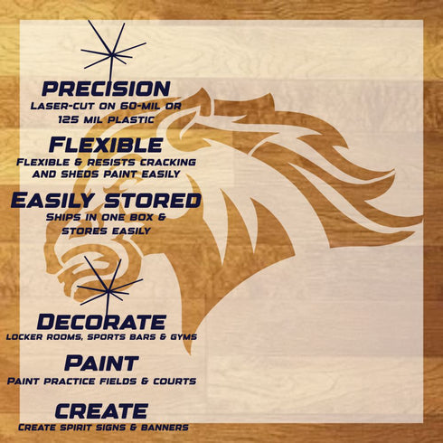 Broncos Mascot Stencil Sheet with key highlights of the design and how it can be used.