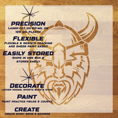 Viking Mascot Stencil Sheet with text featuring the stencil's main highlights and uses.