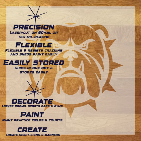 Bulldog Stencil Sheet with key highlights of the design and how it can be used.