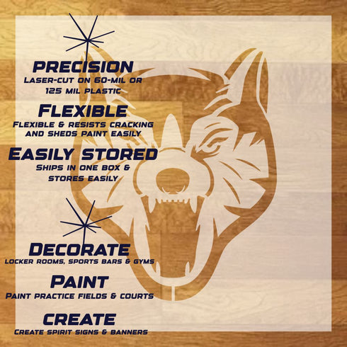 Wolves Mascot Stencil Sheet with key highlights of the design and how it can be used.