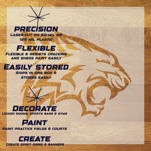 Wildcats Mascot Stencil Sheet with key highlights of the design and how it can be used.