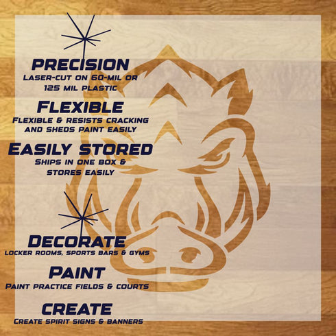 Hogs Mascot Stencil Sheet with key highlights of the design and how it can be used.