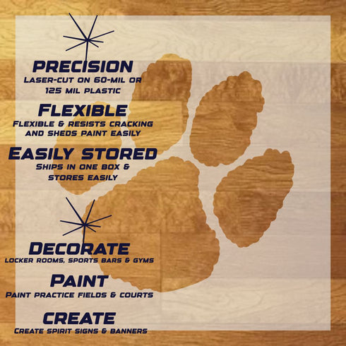 Tiger Paw Stencil Sheet with key highlights of the design and how it can be used.