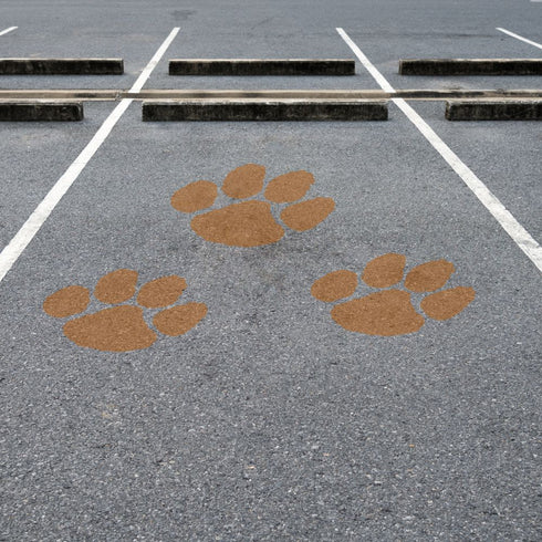 Paw print design stenciled on a parking lot surface.