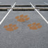 Paw print design stenciled on a parking lot surface.