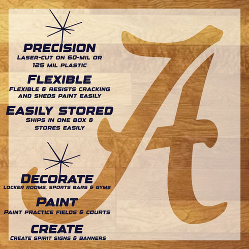 Stencil letter 'A' with promotional text on a wooden background