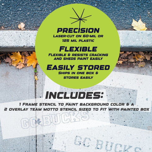 Stencils with key highlights displayed on a concrete surface with leaves