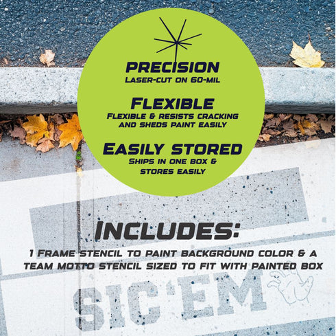 Advertisement for precision laser-cut material with text on a concrete surface.