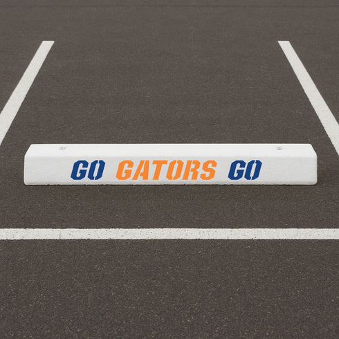 White parking bumper painted with Go Gators Go parking stencil.