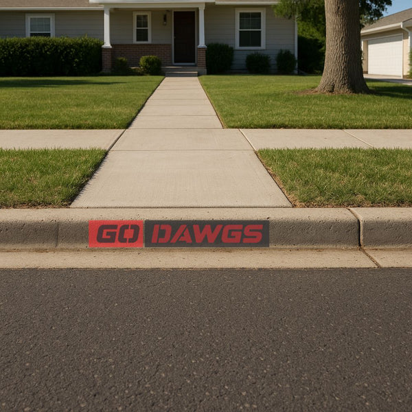 House with a sidewalk and 'GO DAWGS' stenciled onto their front curb.