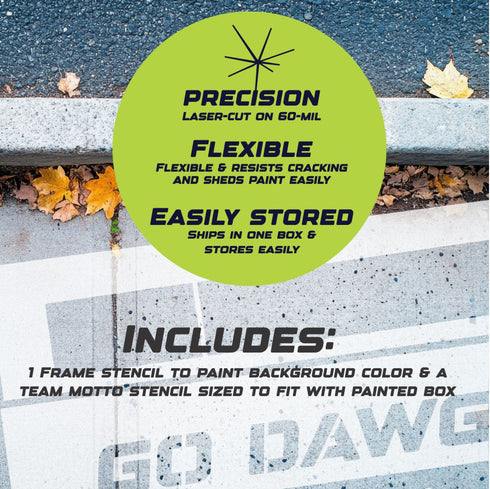 Product packaging with text about precision laser-cut material, flexibility, and storage ease.