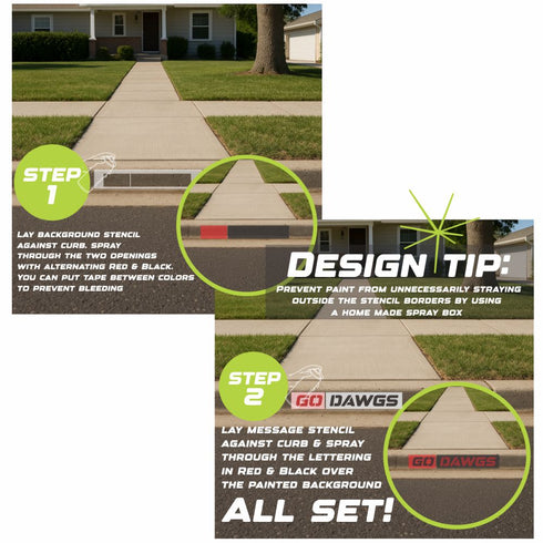 Instructions for using a stencil to paint text on a sidewalk, with a house and driveway in the background.