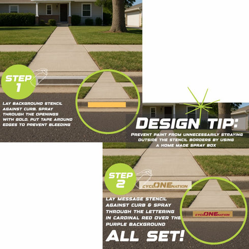 Instructions for using a stencil to paint a sidewalk with text overlay