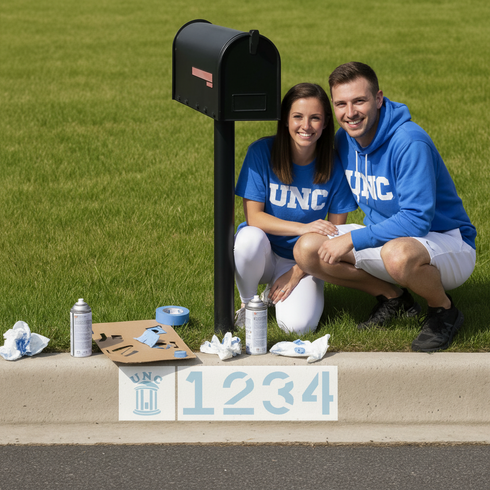 Two people in blue UNC shirts sitting next to a mailbox with spray paint and supplies on the ground.