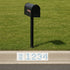 Black mailbox on a grassy area with a street address sign in the foreground.