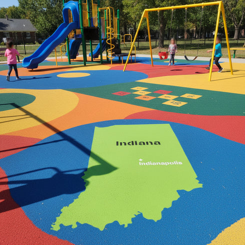 Colorful playground with a map of Indiana on the ground