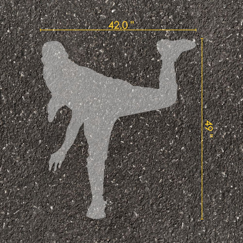 Baseball pitcher silhouette stencil text with measurements on pavement.