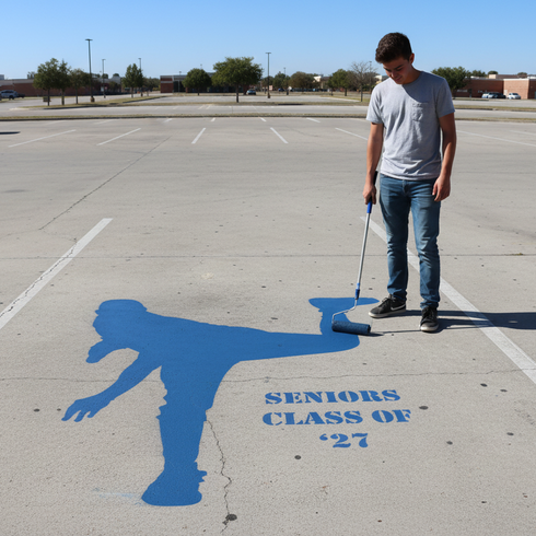 High School student painting a senior parking space with a baseball pitcher using the stencil.
