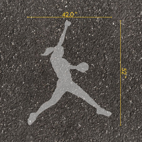 Softball pitcher silhouette stencil with measurements on pavement.