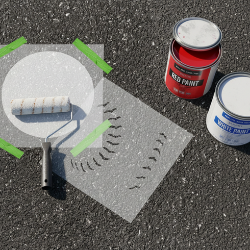 Paint roller and two paint cans on pavement in preparation for stenciling a baseball.