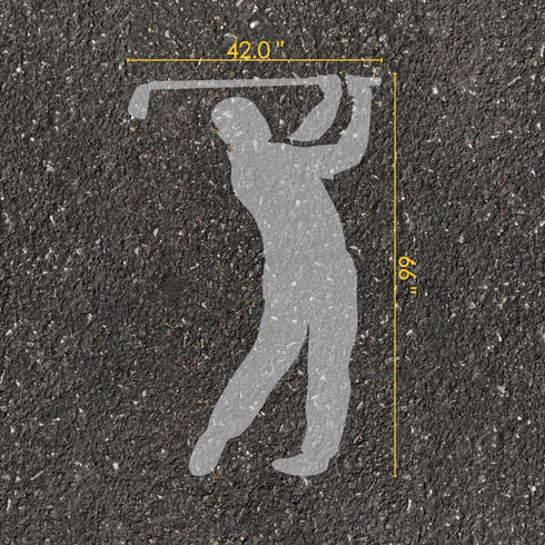 Golf player silhouette parking space stencil text with measurements on pavement.