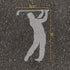 Golf player silhouette parking space stencil text with measurements on pavement.