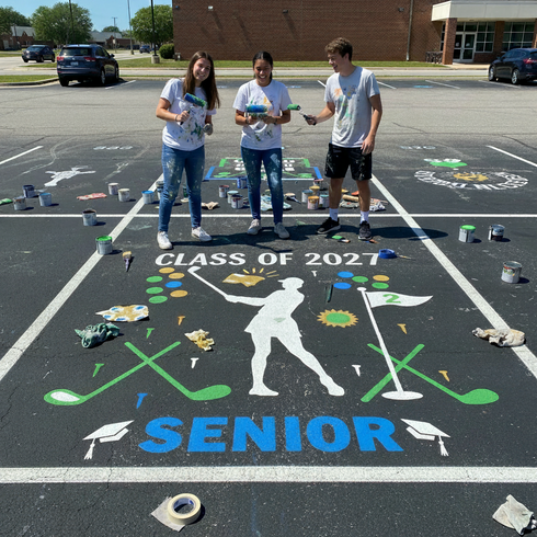 Three students standing next to a senior class parking spot with decorations and paint cans.